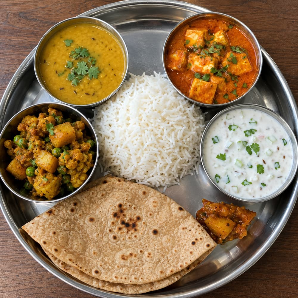 A home-style South Asian thali: dal, paneer, aloo-gobi, rice, and roti